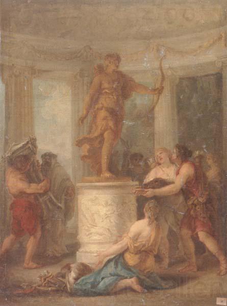 unknow artist Interior of a classical temple,with hunters making an offering to a statue of diana Norge oil painting art